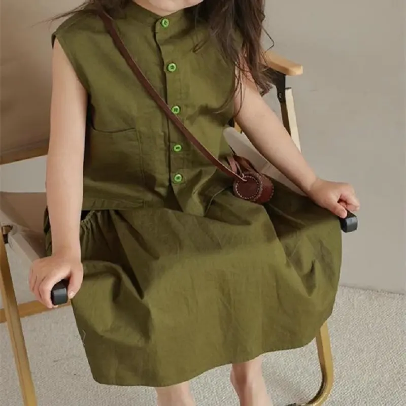 Humor Bear Girls Summer Clothing Stand-up Collar Single-breasted Preppy Top And Skirt Children's Clothing Two-piece Set image 5