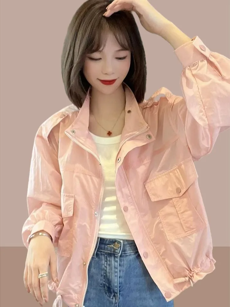 

Women's Summer 2026 New Loose Fit Thin Sun Protection Jacket Coat Stand Collar Pocket Detail Casual Outerwear Fashionable Design