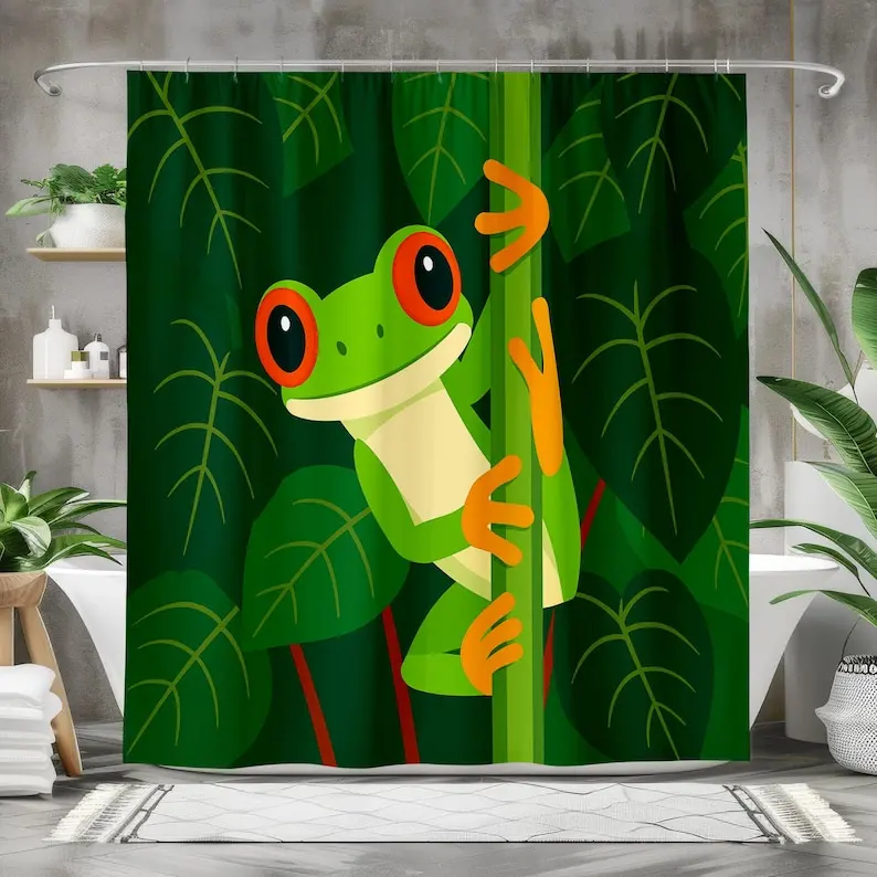 Cute Cartoon Frog Shower Curtain for Kids Bathroom, Smiling Tree Frog Jungle Design, Animal Theme Bathroom Decor