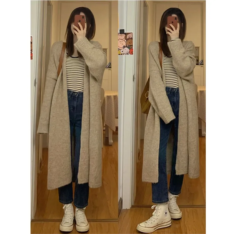 Elegant Knitted Open Cardigan Women's plus Size Loose Knee-Length Vintage Long Sweater Coat Warmth Heat Pure Color Commute Style