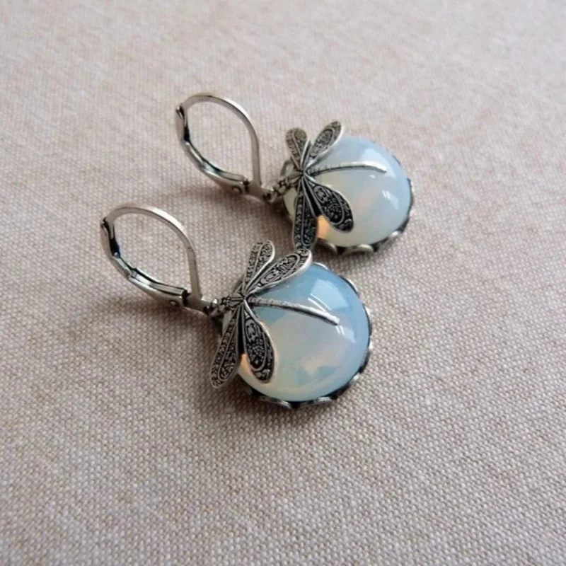 Vintage Bronze Dragonfly Earrings Fashion Gold Color Metal Carving Pattern Inlaid Moonstone Drop Earrings for Women Jewelry image 6