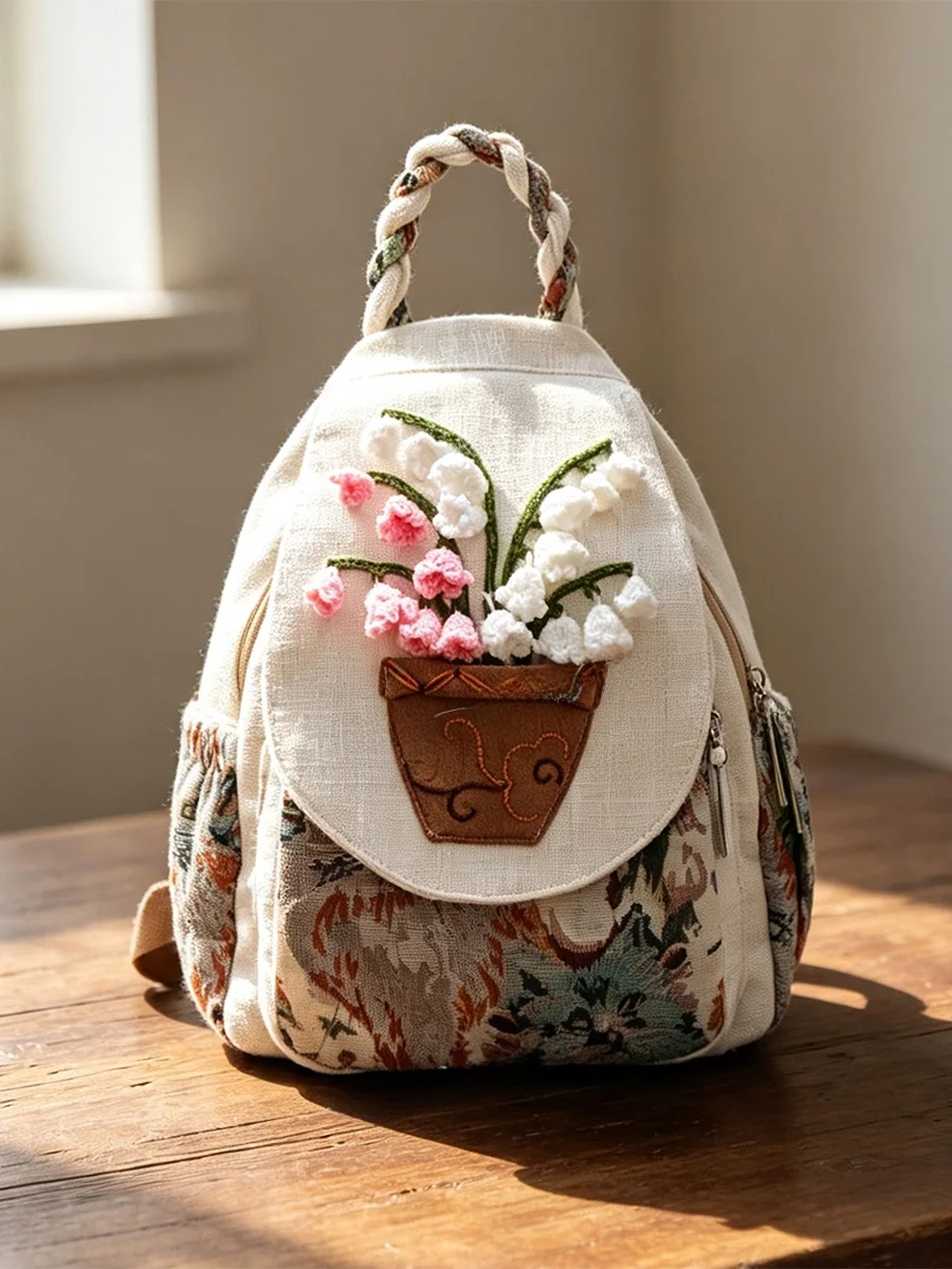handmade-chinese-style-floral-cotton-casual-women's-backpack-soft-travel-commute-daily-use-non-waterproof-two-compartments