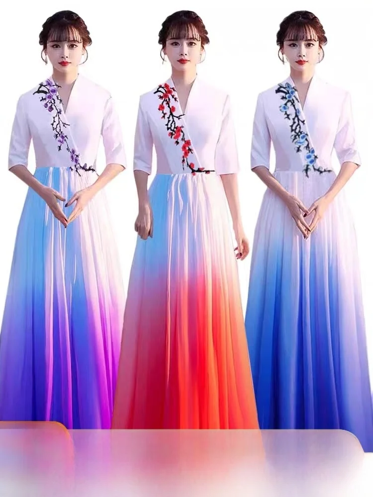 

Chorus Performance Gown Women's Long Skirt Red Song Cetition Performance Host adient Chiffon Dr Long Skirt Summer