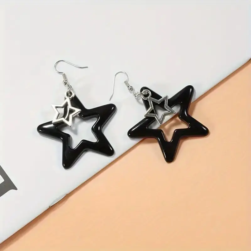 Black & Acrylic Geometric Dangle Earrings - Simple Style, Alloy Posts For Women