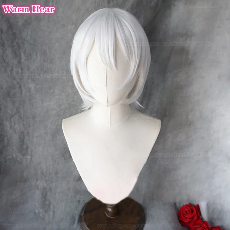 Peluca de Anime Tomoe para Cosplay, pelo corto y Oreja, color blanco y plateado, 28cm, resistente al calor, para fiesta de Halloween, Unisex + gorro de peluca gratis