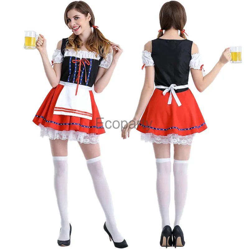 2024 Oktoberfest Costume For Women Sexy Red Wench Waitress Serving Maid Cosplay Dirndl Dress Bavarian Beer Girl Party Outfits