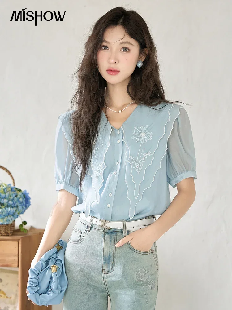 MISHOW【Taraxacum Series】Women's Shirt 2023 Summer Double Layer Doll Collar Embroidery Puff Sleeve with Straps Shirt MXC39X0100