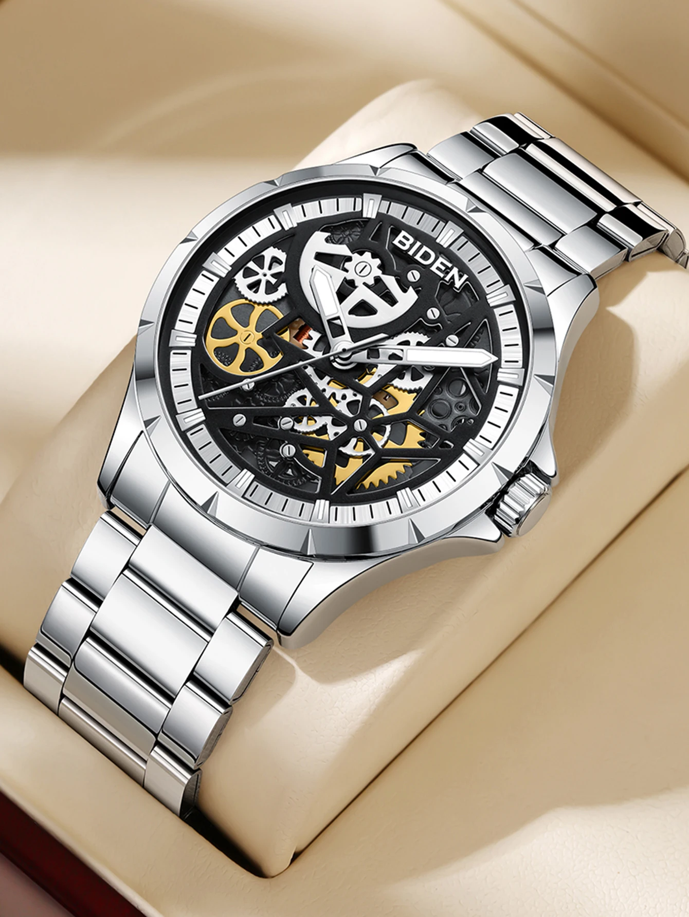 

BIDEN Fashion business men's watch, hollowed out luminous dial quartz watch, men's casual sports clock Reloj para hombre