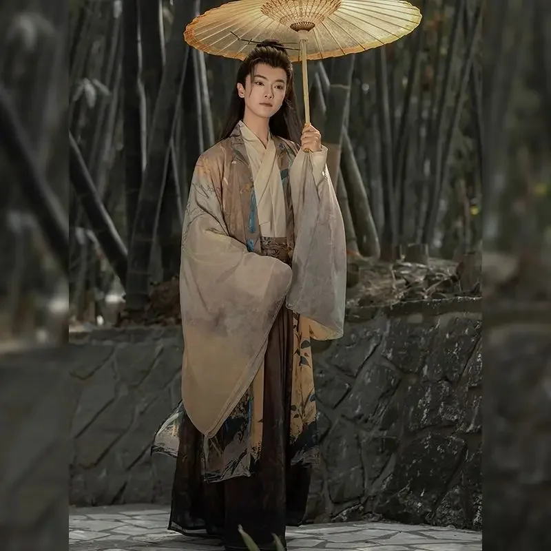 طقم تصميم Hanfu Wei Jin للرجال ، هانفو صيني تقليدي ، أكمام كبيرة ، توب مطبوع بياقة ، تنورة خصر كامل ، الربيع والصيف