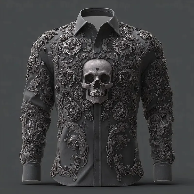 Kemeja Lengan Panjang Pria Motif Bunga Hari Orang Mati dengan Tengkorak Kemeja Musim Gugur Streetwear Kasual Nyaman Poliester Slim Fit