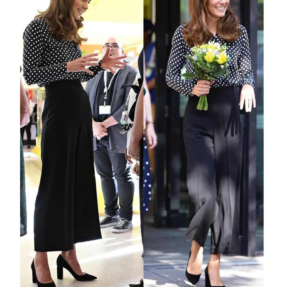 Spring Autumn Princess Kate New Women's Two Pieces Set Runway Dot Shirt Top + Casual Wide LegTrousers Elegant Party 2 Piece Suit