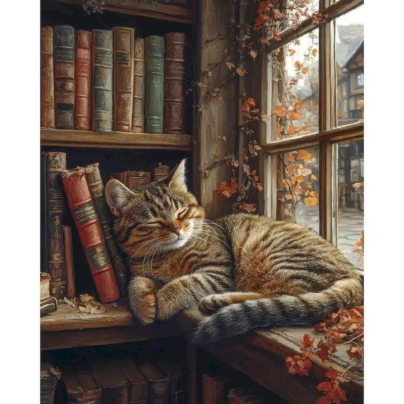 CHENISTORY Painting by Numbers Kits Sleeping Cat Zero Basis Paint by Numbers Library Animal Handpaint Number Painting Adults Cra