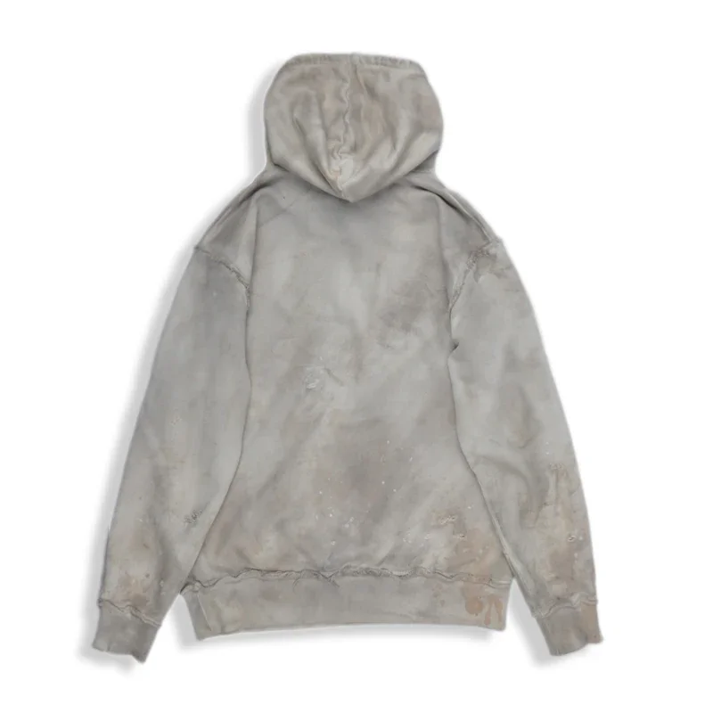 New hand-splashed ink dirty wash frayed distressed vintage  light cotton hooded sweatshirt terry bottom