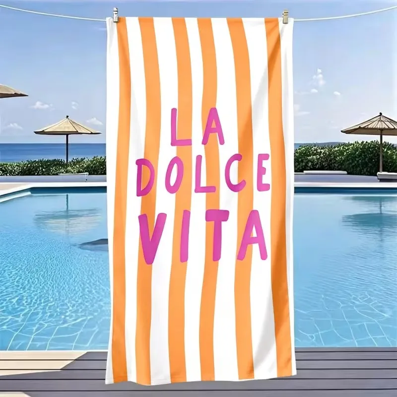 Toalla de Playa La Dolce Vita con Rayas Naranjas, Secado Rápido, Microfibra Absorbente, Antiarena, para Vacaciones de Verano en la Piscina
