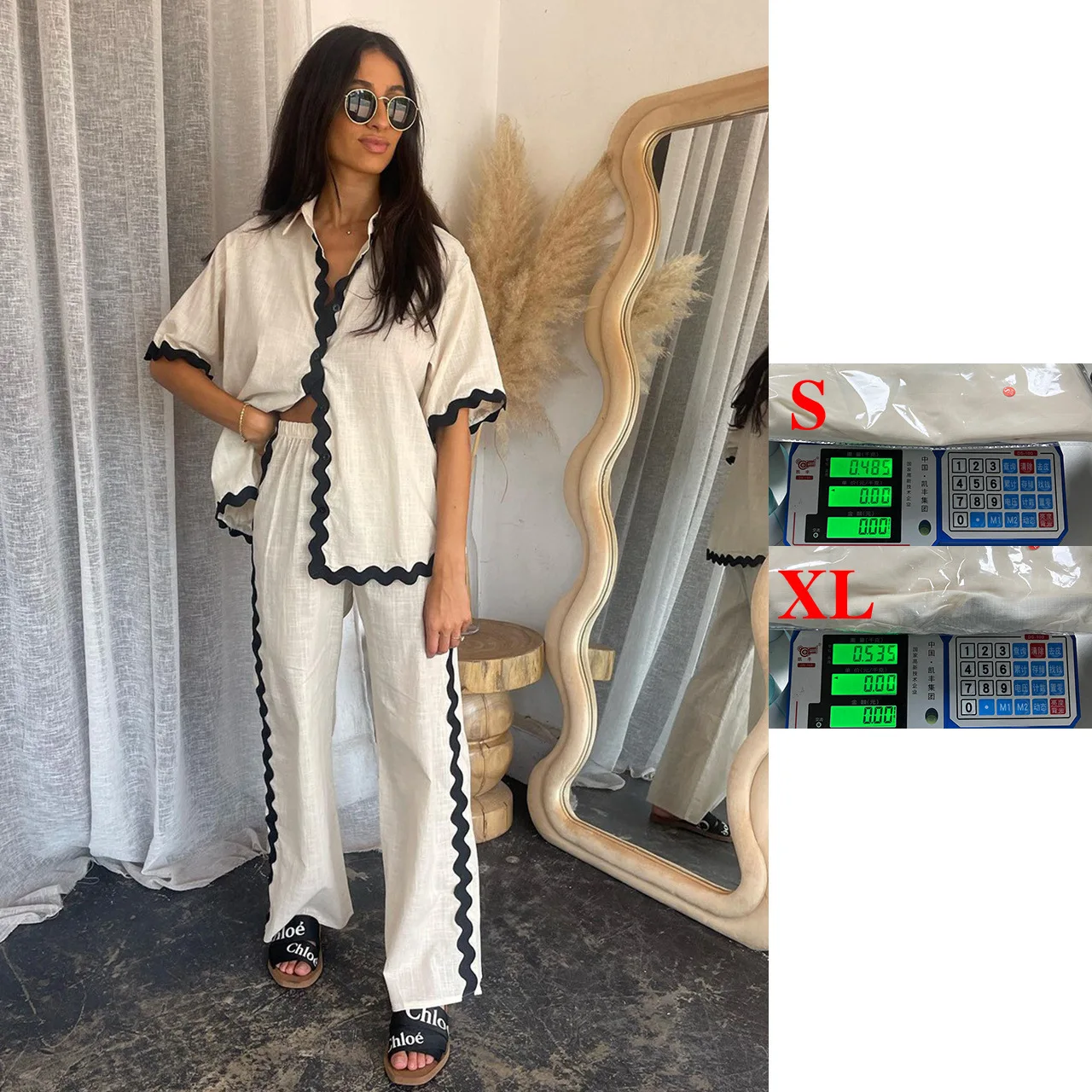 

25 Year Spring/Summer New Comfortable Casual Single Breasted Lace Patchwork Long Pants Shirt Jacket 88231