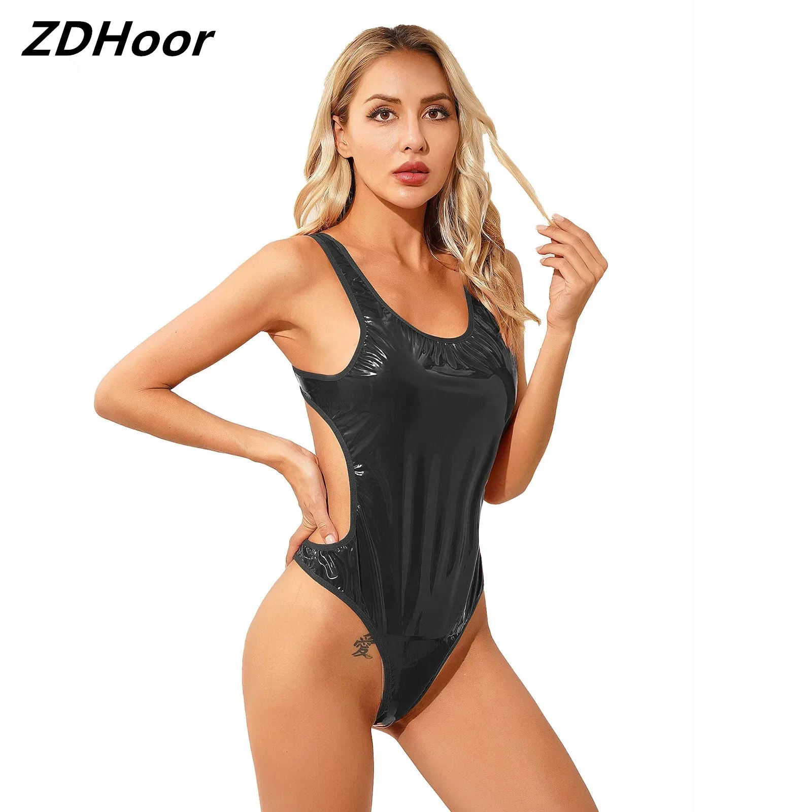 

Womens Open Back Swimsuit One-Piece Swimwear Pool Party Swimwear Wet Look Patent Leather Bodysuit U Neck Sleeveless Catsuit