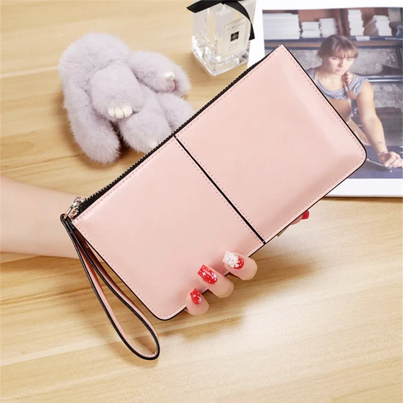 Women'S Vintage Oil Wax Leather Zipper Clutch Wallet Female Large Capacity Coin Purse Ladies Wristband Simple Card Holder Wallet