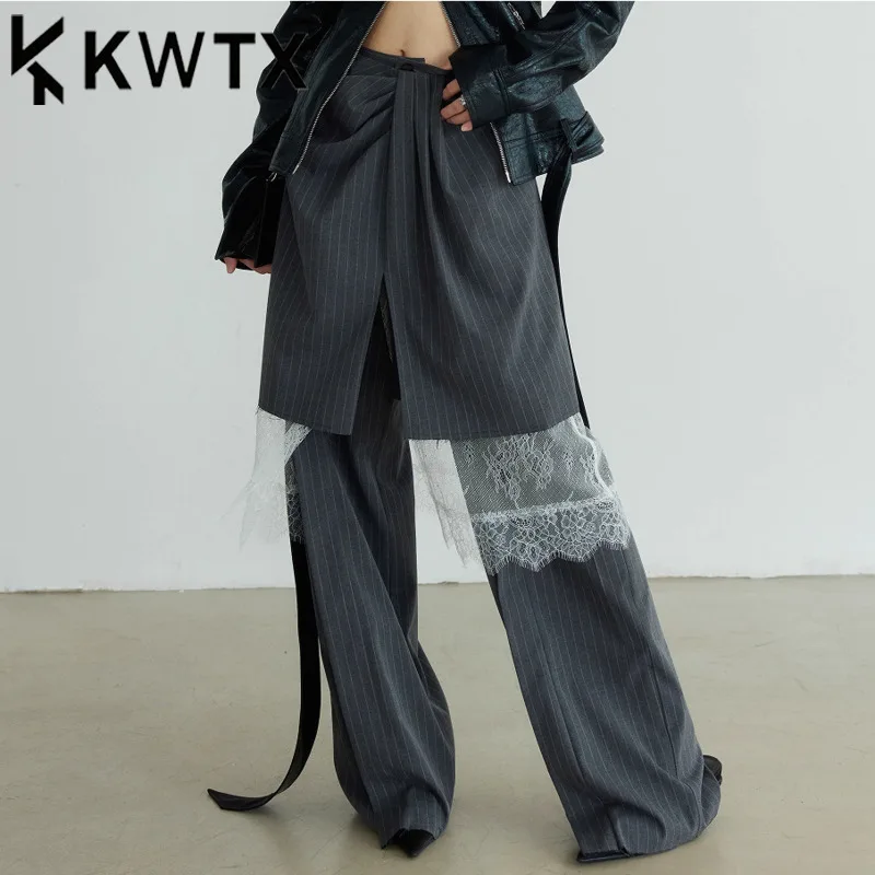 Kwtx calças femininas de renda emendada design cintura alta calças largas listradas contraste cor maré roupas soltas femininas 2025 novo