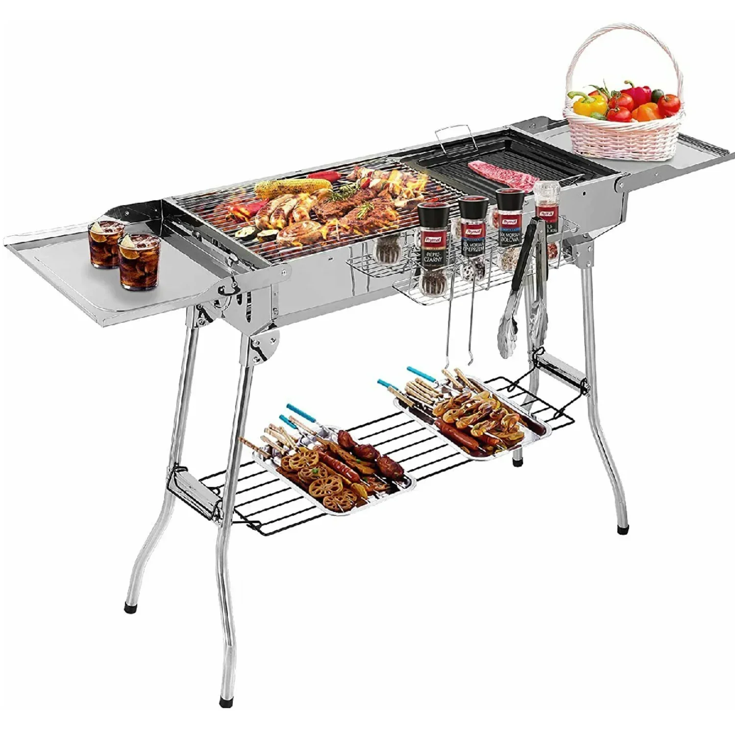 Obrázek 3: Dřevěné uhlí gril nerez ocel, přenosné kemping gril BBQ s dvojitý skládací křídla, nepřilnavý kotlík, nastavitelný ventilace