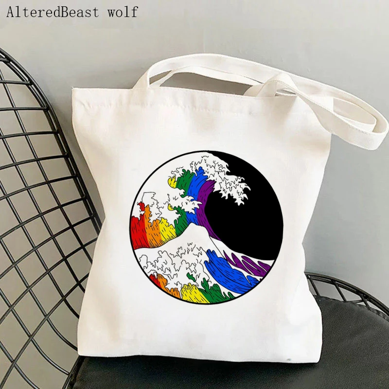 Women Shopper bag asexual pride wave Printed Kawaii Bag Harajuku Shopping Canvas Shopper Bag girl handbag Tote Shoulder Lady Bag