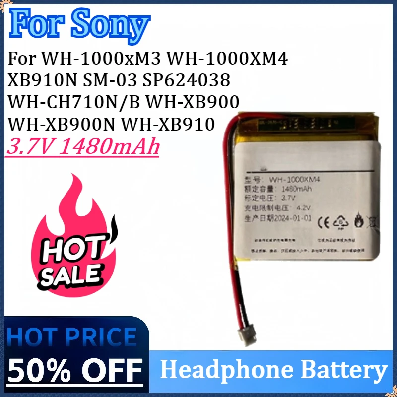 

3.7V 1480mAh Headphone Battery For Sony WH-1000xM3 WH-1000XM4 XB910N SM-03 SP624038 WH-CH710N/B WH-XB900 WH-XB900N WH-XB910