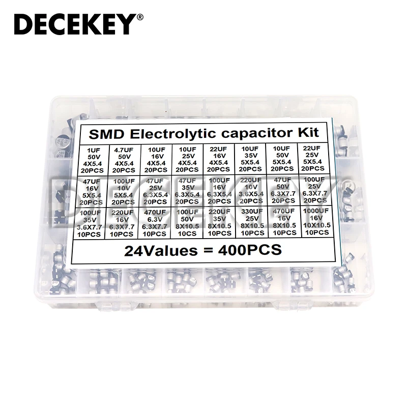 

400pcs SMD Aluminum Electrolytic Capacitor Assortment Kit 24Values 1UF-1000UF 6.3V-50V Capacitance Sample Set with box