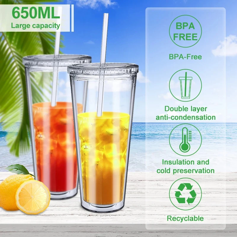 

650ml Summer Drinks Straw Mug Transparent With Lid Insulated Coffee Mug Double Layer Plastic Cups