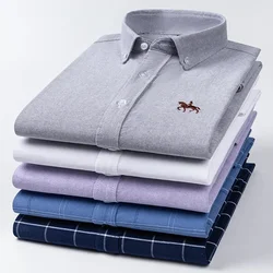 2025 100% Cotton Men Shirt Floral Long Sleeve Casual Plus Size Thick Oxford Man Embroidered Horse Shirts Streetwear Oversized