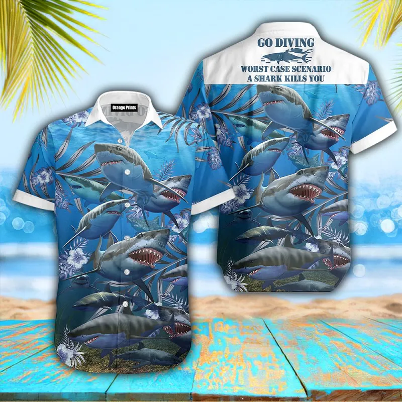 Camisas hawaianas de manga corta con estampado 3D de tiburón, Top divertido para vacaciones de verano