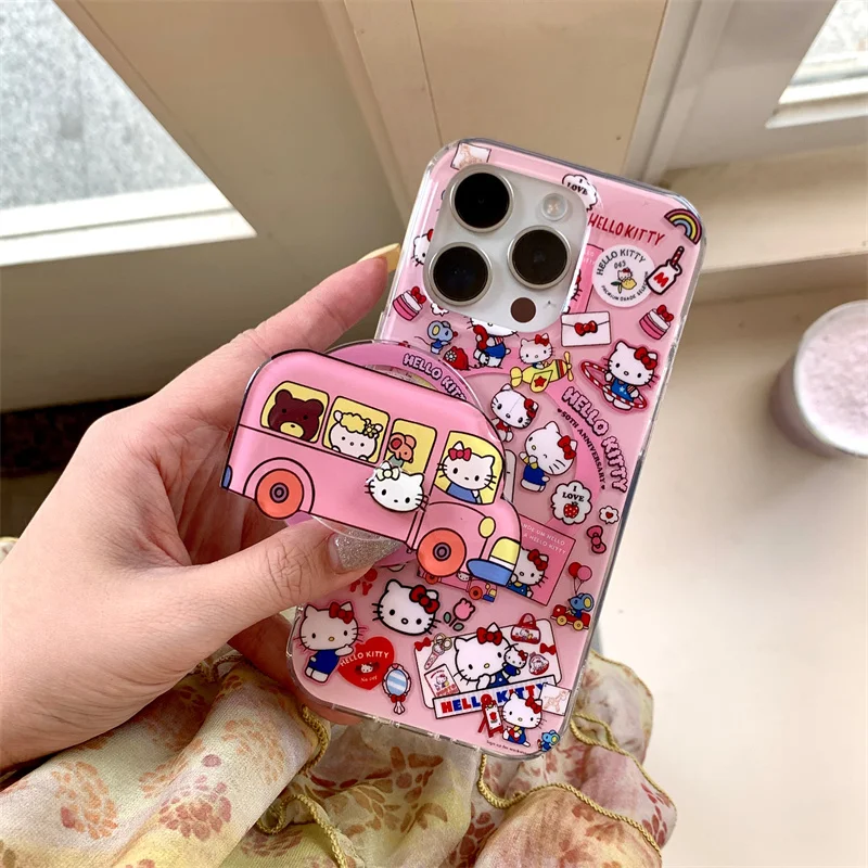 

Cute Bus amusement park Hello Kitty Magsafe Wireless Charge Case For iPhone 13 14 15 16Pro Max cartoon bus Kitty Magnetic Stand