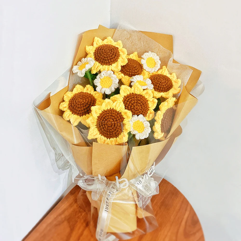 

10pcs Hand-knitted Yarn Crochet Sunflower Bouquet Handmade Daisy Tulip Rose Decorative Wedding Home Table Creative Decorate Gift