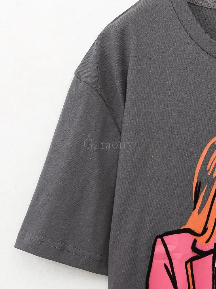 Garaouy 2023 Summer Women\'s Character Print T-shirt Female Grey Casual Versatile O Neck Short Sleeve Oversized Tee Tops Mujer