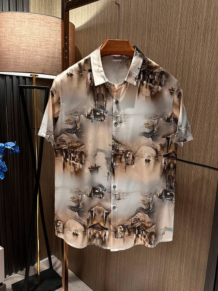 

Новая мужская шелковая рубашка в китайском стиле с цветочным принтом, короткий рукав, дышащая, легкая, летняя, модная, для городского стиля, приталенный крой