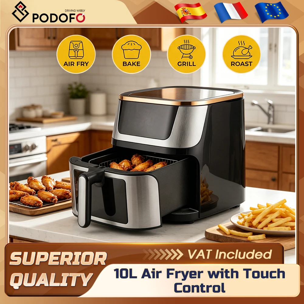 Freidora de Aire Podofo 10L 200 ° Freidora de aire con temperatura ajustable, control táctil, ventana de visualización, 7 menús preestablecidos, sin aceite, 1350W, para reuniones familiares y fiestas, enchufe europeo.