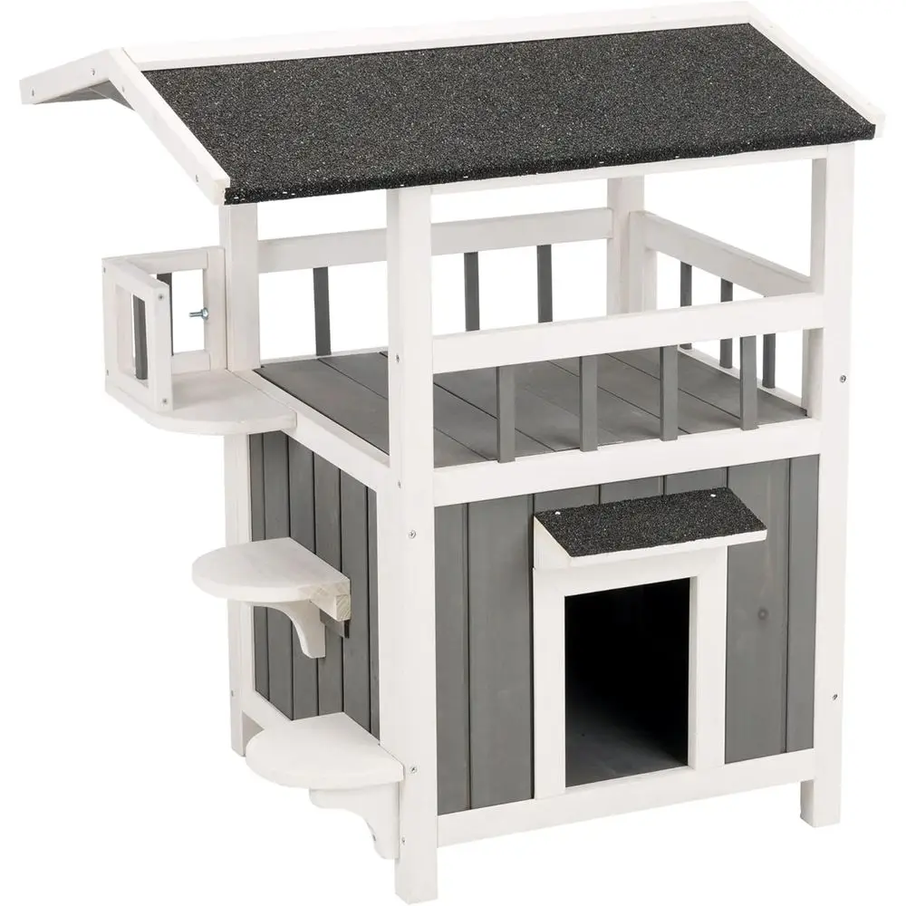 

Outdoor Cat House, Weatherproo 2-SCat House with Balcony and Shade, Side Steps, Railings & Raised loor, Outdoor Shelter or Cats