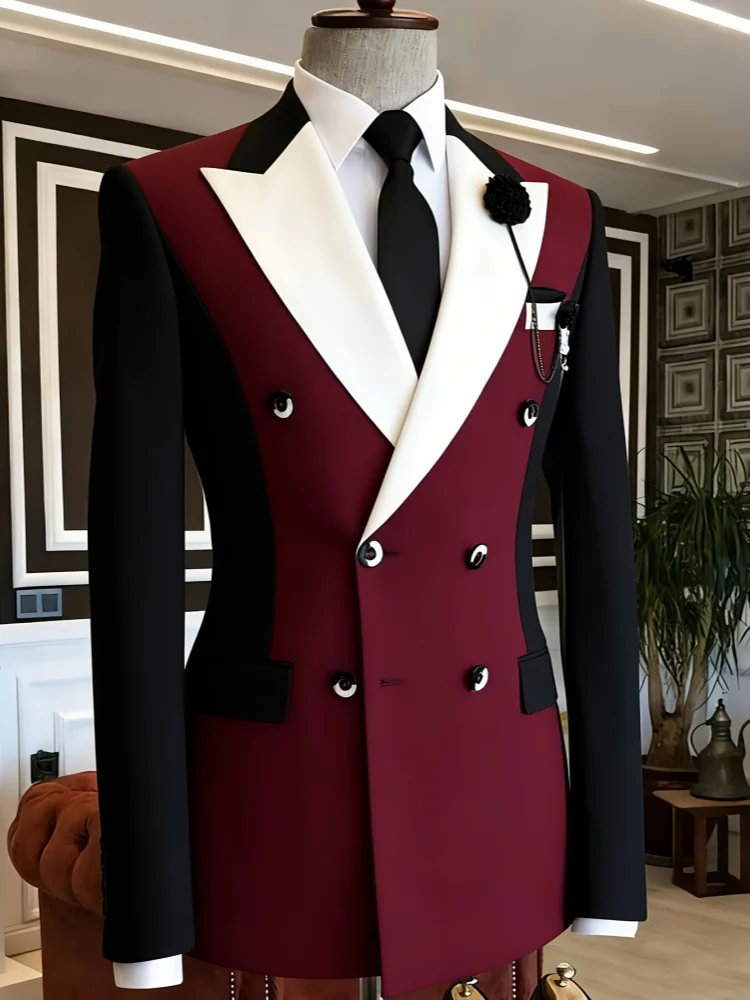 Male Slim Fit Double Breasted Tuxedo Jacket Patchwork Peak Lapel Suit Coat Wedding Groom Formal Evening Banquet Party Dress Oute