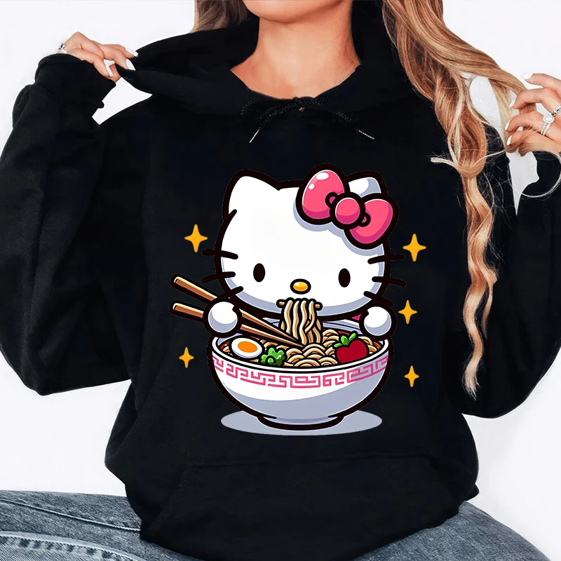 Hello Kitty eating noodles women's hoodie autumn and winter sweatshirt casual tops loose women's clothing