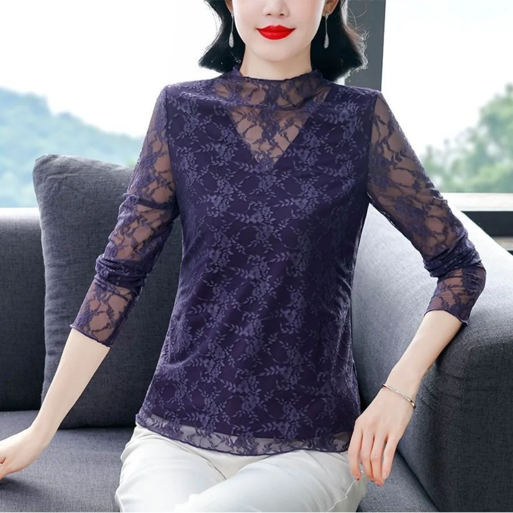 Fake V Neck Women Lace Shirt Stretchy Mesh Long Sleeve Long Sleeve Top Hides Extra Fat Floral Lace Layering Shirt Daily Outfit