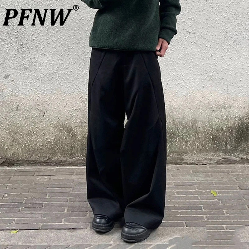 PFNW Niche Design Knee Double Pleated Diamond Cut Long Pants Unisex Trend 2024 New High Street Wide Leg Black Trousers 28W5626