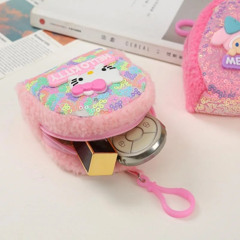 Kawaii Sanrio Hello Kitty Keychain Pendant Cute Cartoon Coin Purse Colorful Sequin Anti-Lost Headphone Key Bag Lipstick Bag Gift