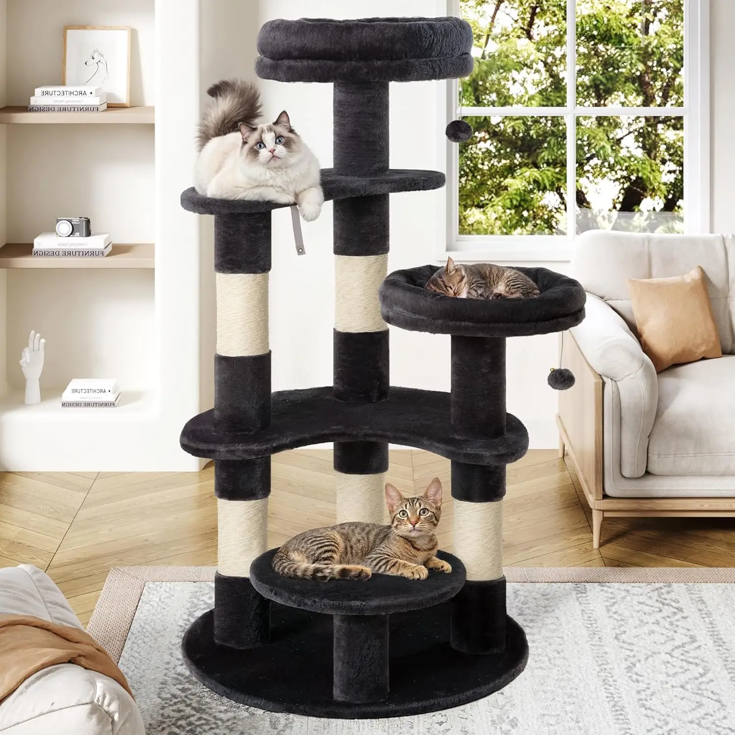 

55.5 in Cat Tree for Indoor Kitties/S Plush Perches/Multi-Level Cat Tower/Sisal Scratching Posts/Crescent Plates/Round