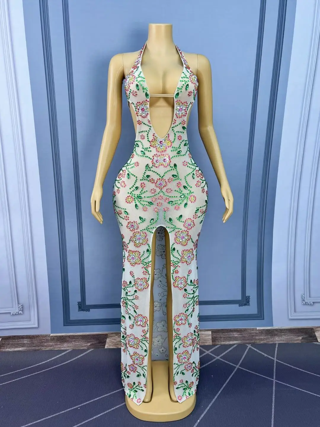 Luxury Sparkly Flower Rhinestone Sheer Mesh Evening Dress Prom Sexy Women Low-cut High Slits High-end Formal White Gown Lvhuaduo