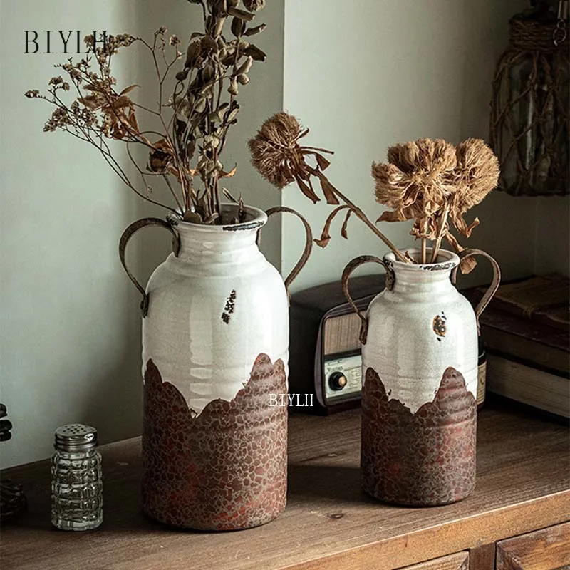 

Nordic Style Ceramic Vase Retro Old Wrought Iron Vase With Double Handle Home Decoration Tabletop Flower Arrangement Ornaments