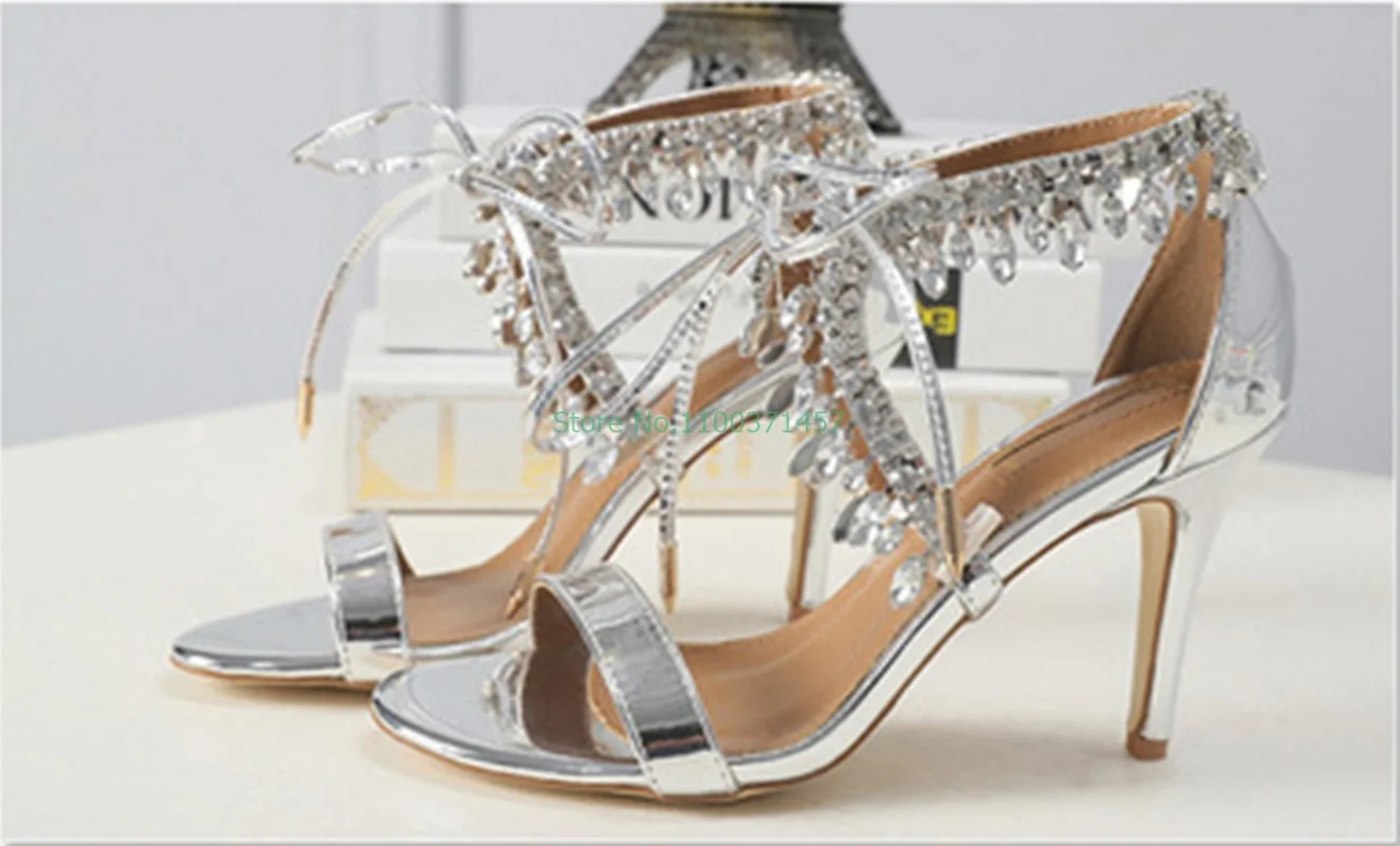 

Crystal Bling Bling women Sandals open toe thin heels Rhinestone Ankle Strap Shiny high heels Cross-Tied Woman Fashion Sexy Shoe