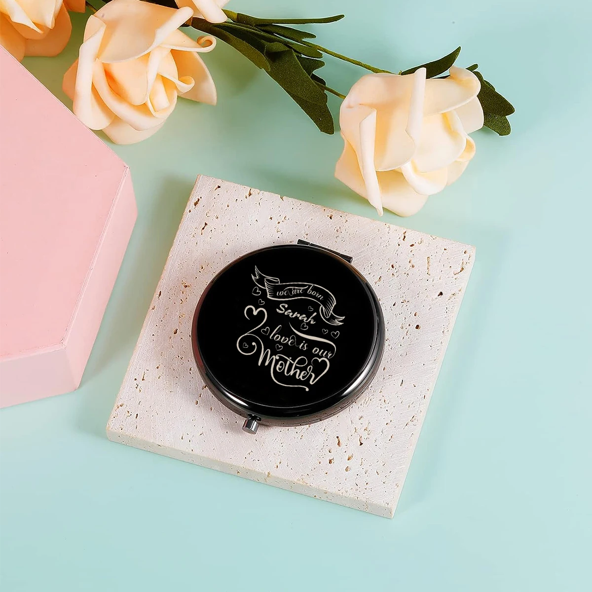 

1pc love home decor Old Engraving Custom Name Folding Mirror Metal gold Anniversary gifts