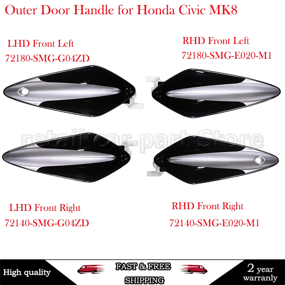 Black Front Right Left Outer Door Handle for Honda Civic MK8 2006 2007 2008 2009 2010 2011 72180-SMG-G04ZD 72140-SMG-G04ZD