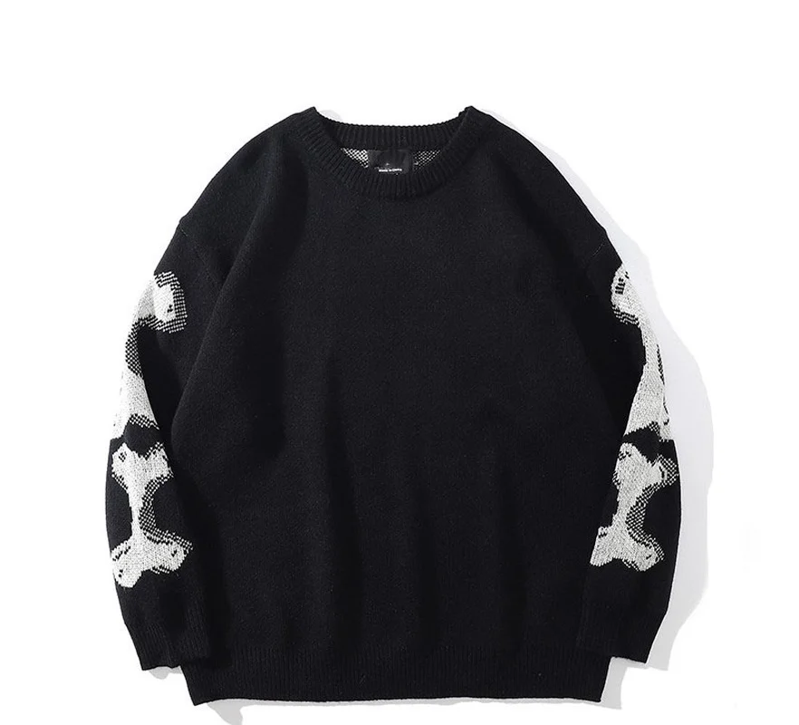 Men Loose Sweaters Black Skeleton Bone Print Pullovers Women Vintage Retro Knitted Sweater Autumn Cotton Pullover Unisex 3XL