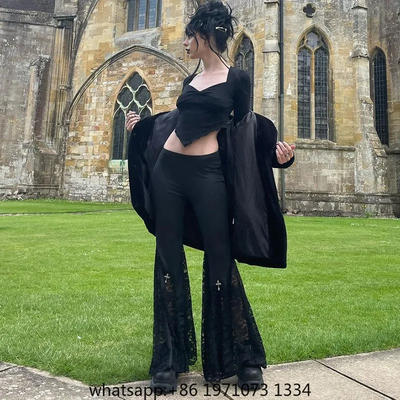 Goth Mall Flare Pants Sexy Black Lace Patchwork High Waist Vintage Harajuku Hippie Punk Grunge Streetwear  Y2k Pants