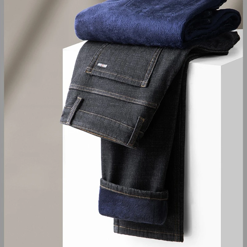 Business Men's Fleece Lined Jeans Autumn Winter Slightly Thick Elastic Office Work Jean Trousers Men Comfort Washed Denim Pants
