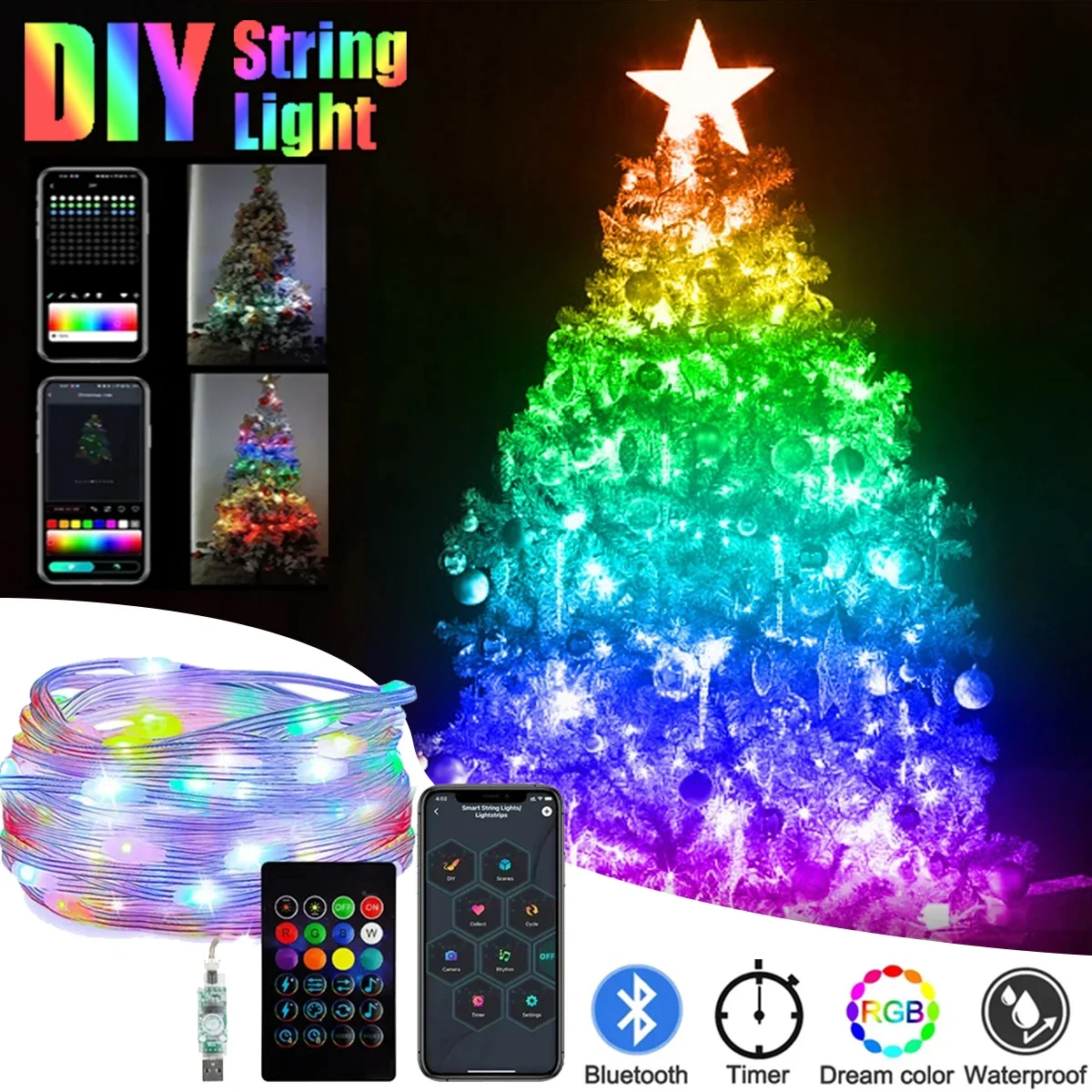 Łańcuchy świetlne LED RGBIC bajkowe oświetlenie bożonarodzeniowe inteligentne sterowanie aplikacją Bluetooth DIY Striing girlanda ślubna Home Party Decor Garland